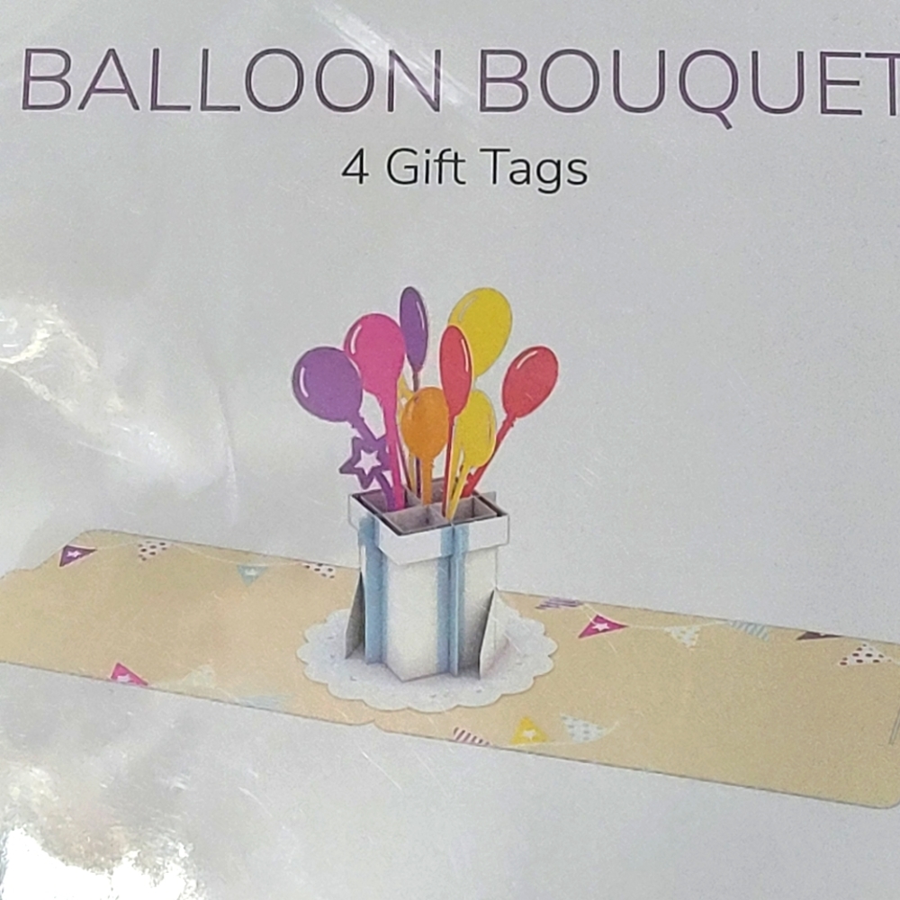 Balloon Bouquet Gift Tags, 3D Pop Up, 4 count pack NEW Party Birthday Gift